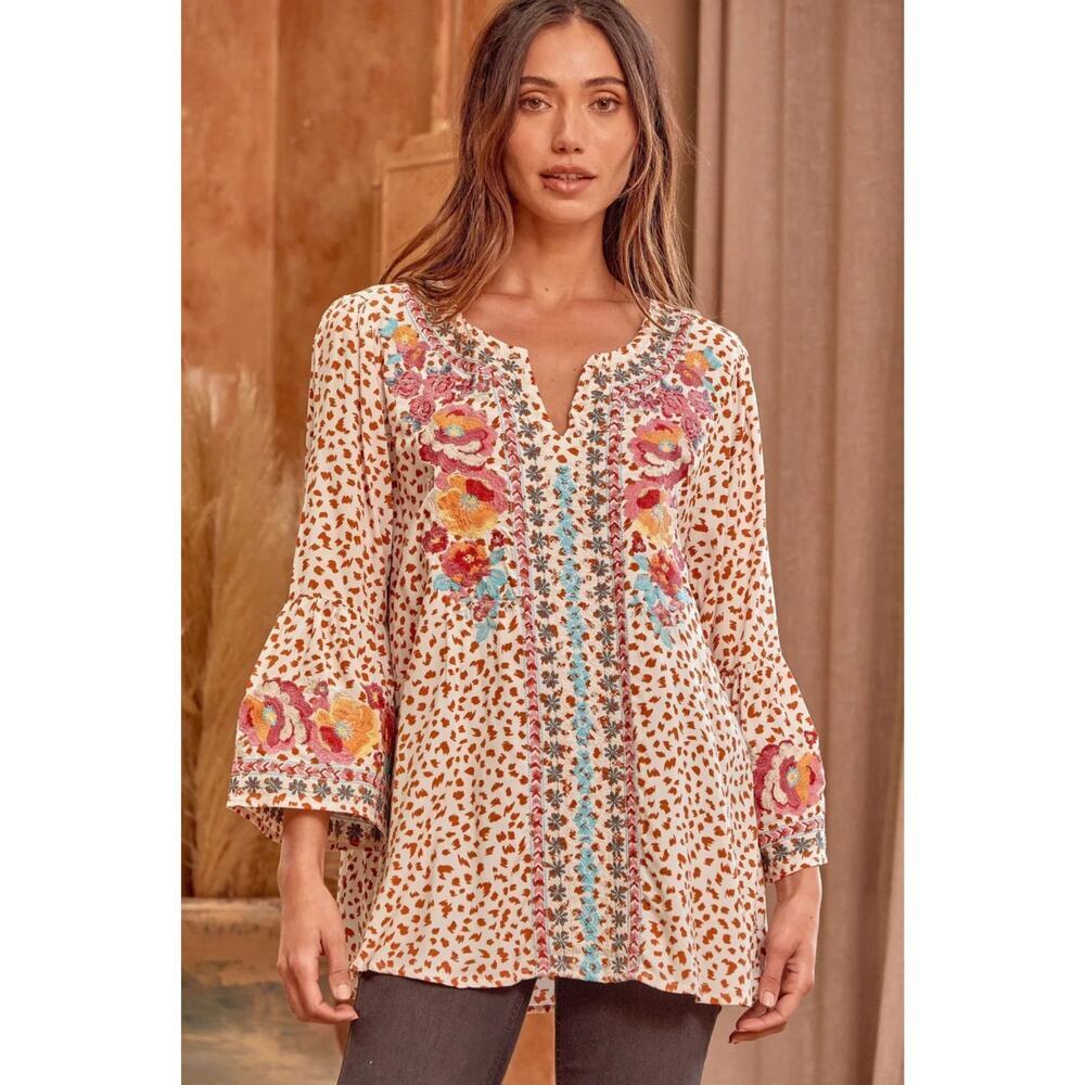 Savanna Jane Cream Floral Embroidered Boho Tunic Blouse